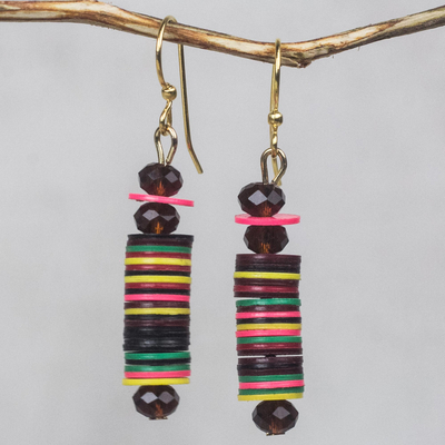 Recycled plastic beaded dangle earrings, 'Joyful Tower' - Colorful Recycled Plastic Disc Dangle Earrings from Ghana