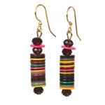 Recycled plastic beaded dangle earrings, 'Joyful Tower' - Colorful Recycled Plastic Disc Dangle Earrings from Ghana