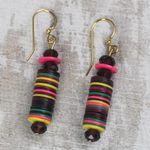 Recycled plastic beaded dangle earrings, 'Joyful Tower' - Colorful Recycled Plastic Disc Dangle Earrings from Ghana