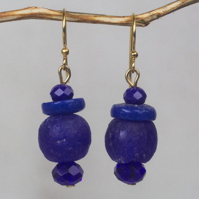 Recycled glass beaded dangle earrings, 'Sustained Calm' - Ultramarine Blue Recycled Glass Bead Dangle Earrings