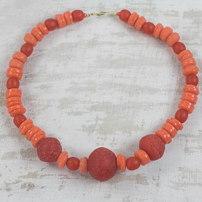 Recycled glass beaded necklace, 'Tropicana Color' - Artisan Crafted Orange Recycled Glass Beaded Necklace