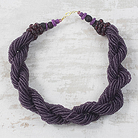 Recycled glass beaded torsade necklace, 'Violet Sky' - Dark Purple Recycled Glass Beaded Torsade Necklace