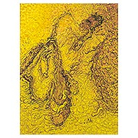 'The Saxophonist' - Signed Abstract Painting in Yellow from Ghana