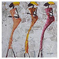 'Sound from the Dondo Drum' - Signed Expressionist Painting of Three Drummer Women