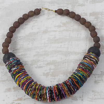 Cotton and recycled glass statement necklace, 'Rainbow Ruffle'` - Rainbow Cotton Fabric and Recycled Glass Statement Necklace