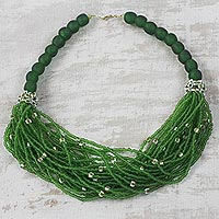 Recycled glass beaded torsade necklace, 'Flowing Green Rivers' - Green Recycled Glass Beaded Torsade Necklace