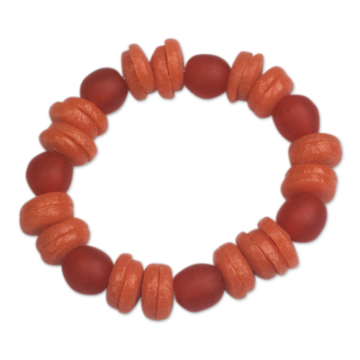Recycled glass beaded stretch bracelet, 'Tropicana Color' - Handcrafted Orange Recycled Glass Beaded Stretch Bracelet