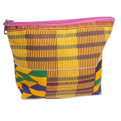 Kente-Inspired Yellow Geometric Cotton Cosmetic Bag