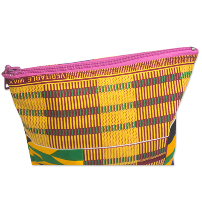 Cotton cosmetic bag, 'Kente Sunshine' - Kente-Inspired Yellow Geometric Cotton Cosmetic Bag