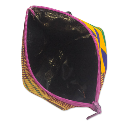 Cotton cosmetic bag, 'Kente Sunshine' - Kente-Inspired Yellow Geometric Cotton Cosmetic Bag