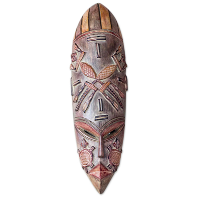 Máscara de madera africana - Máscara de madera de sésé africano con motivo de lagarto de Ghana