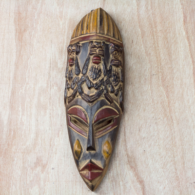 African wood mask, 'Monkey Maxim' - Monkey Motif African Sese Wood Mask from Ghana