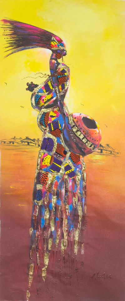 'Industrious Woman II' - Printed Cotton Expressionist Painting of an African Mother