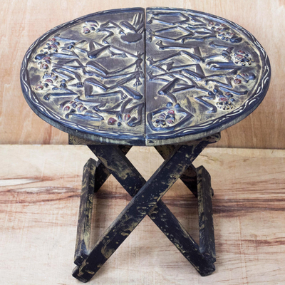 Wood folding table, 'Dance Party' - Dance-Themed Sese Wood Folding Table from Ghana