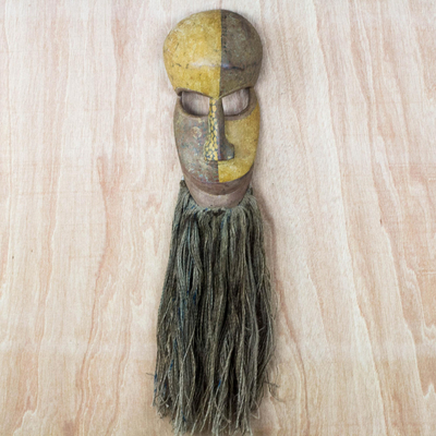 African wood mask, 'Blessings Bestowed' - African Yellow and Brown Wood Blessing Mask Wall Art
