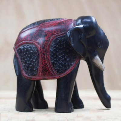 Wood statuette, 'Obrempon Elephant' - Black and Red Wood Elephant Statuette from Ghana