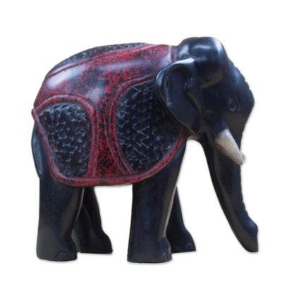 Wood statuette, 'Obrempon Elephant' - Black and Red Wood Elephant Statuette from Ghana