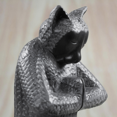 Wood sculpture, 'Feline Meditation' - Wood Sculpture of a Meditating Cat from Ghana