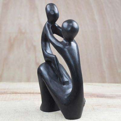Wood sculpture, 'Me Do Me Ba' - Small Wood Ghanaian Sculpture of Mother Holding Her Child