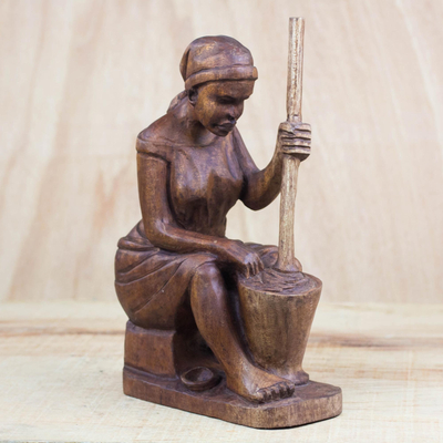 Wood sculpture, 'Pounding Fufu' - Mahogany Wood Sculpture of a Woman Pounding Fufu