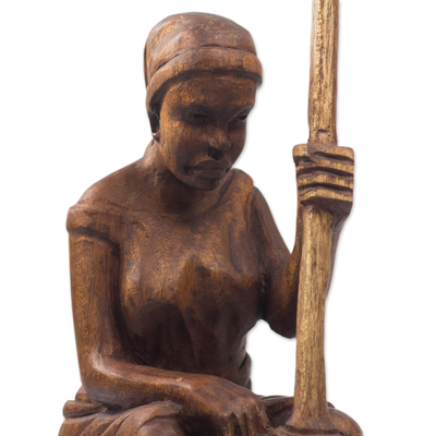Wood sculpture, 'Pounding Fufu' - Mahogany Wood Sculpture of a Woman Pounding Fufu