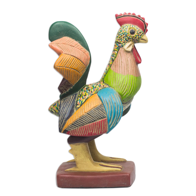 Wood sculpture, 'Colorful Rooster' - Sese Wood Sculpture of a Colorful Rooster from Ghana
