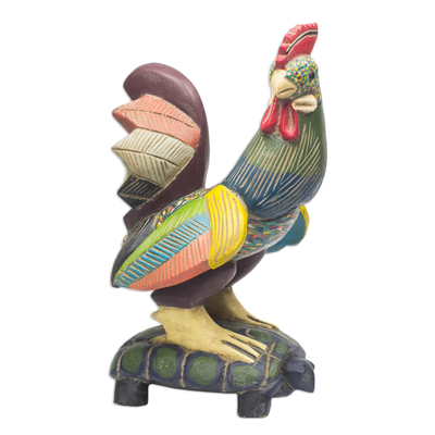 Wood sculpture, 'Rooster on a Tortoise' - Sese Wood Sculpture of a Rooster on a Tortoise from Ghana