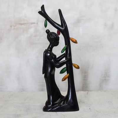 Wood sculpture, 'Good Fortune Angel' - Hand Carved Sese Wood Angel and Tree Sculpture from Ghana