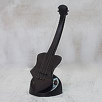 Wood sculpture, 'Wonderful Guitar' - Black Wood Sculpture of a Guitar from Ghana