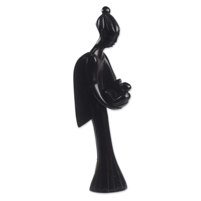 Escultura de madera - Escultura de madera negra de un ángel y un bebé de Ghana