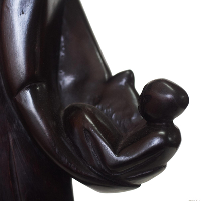 Wood sculpture, 'Caring Angel' - Black Wood Sculpture of an Angel and Baby from Ghana