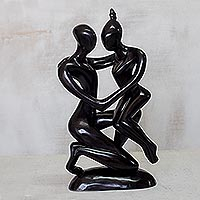 Wood sculpture, 'Bonsu and Wife' - Black Wood Sculpture of Two Lovers from Ghana