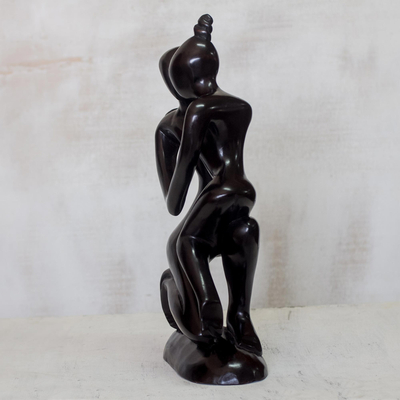 Wood sculpture, 'Bonsu and Wife' - Black Wood Sculpture of Two Lovers from Ghana