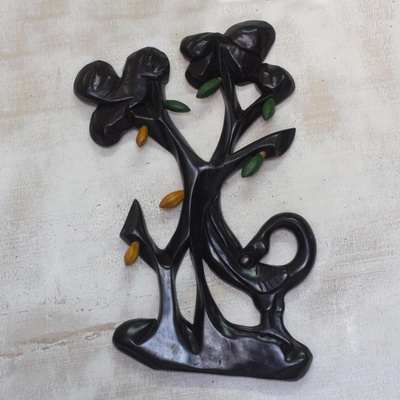 Wood wall sculpture, 'Sankofa Tree' - Cow and Tree Wood Wall Sculpture from Ghana