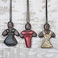 Wood ornaments, 'Mbabaawa Dresses' (set of 3) - Wood Ornaments of African Women from Ghana (Set of 3)
