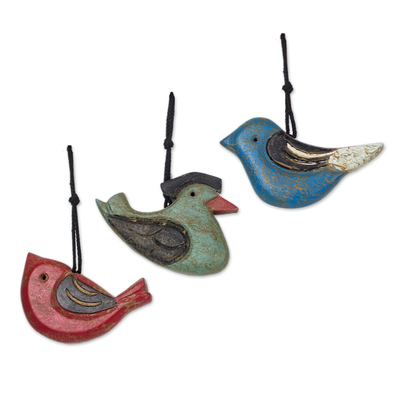 Wood ornaments, 'Colorful Ntakraboa' (set of 3) - Handmade Wood Bird Ornaments from Ghana (Set of 3)