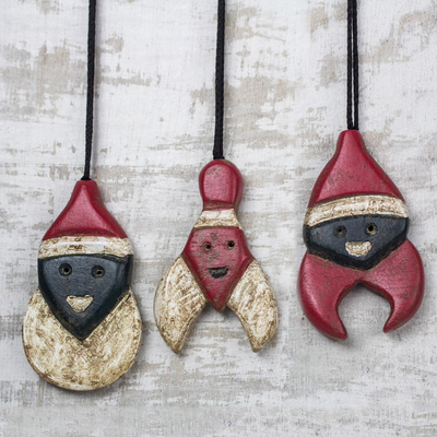 Wood ornaments, 'Father Christmas' (set of 3) - Wood Santa Claus Ornaments from Ghana (Set of 3)