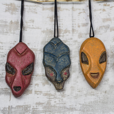 Wood ornaments, 'Mblo Masks' (set of 3) - Wood African Mask Ornaments from Ghana (Set of 3)