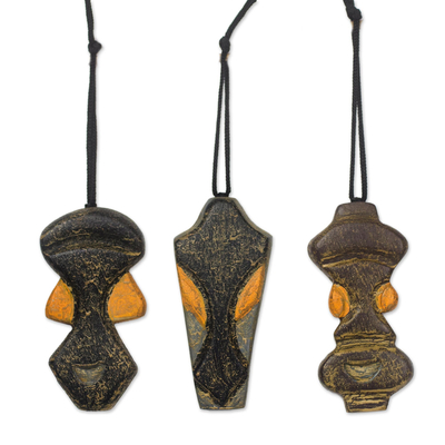 Wood African Mask Ornaments in Brown from Ghana (Set of 3) - Deer Masks ...