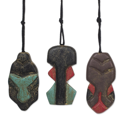 Wood ornaments, 'Kanaga Masks' (set of 3) - Handcrafted Wood African Mask Ornaments (Set of 3)