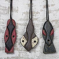 Wood ornaments, 'Bedu Masks' (set of 3) - Wood African Mask Ornaments Crafted in Ghana (Set of 3)