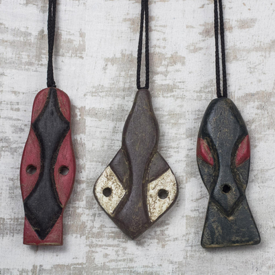 Wood ornaments, 'Bedu Masks' (set of 3) - Wood African Mask Ornaments Crafted in Ghana (Set of 3)