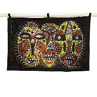 Batik cotton wall hanging, 'Tribal Mask' - Batik Cotton Wall Hanging of Three African Masks from Ghana