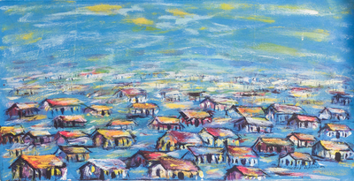 'Städtisches Dorf am Abend'. - Signiertes expressionistisches Gemälde eines afrikanischen Dorfes