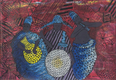 'Traditional Musicians' - Signed Expressionist Painting of Three African Musicians