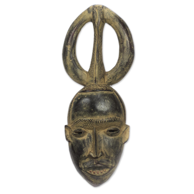 African wood mask, 'Lucky Man' - Hand-Carved Rustic Wood African Mask from Ghana