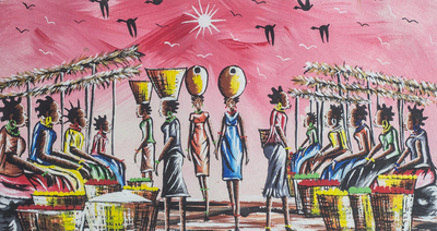 'Escena del mercado' - Pintura expresionista firmada de la escena del mercado de Ghana