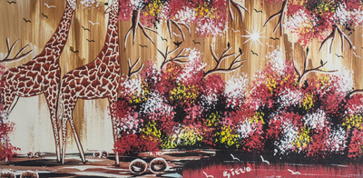 Giraffen-Szene - Signierte expressionistische Giraffenmalerei aus Ghana