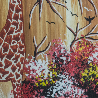 'Giraffe Scene' - Signed Expressionist Giraffe Painting from Ghana
