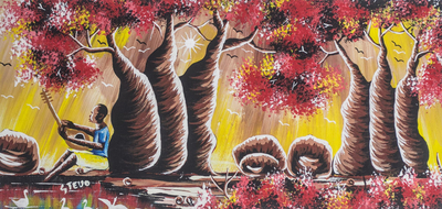 Affenbrotbaum – Signierte expressionistische Malerei von Baobab-Bäumen aus Ghana